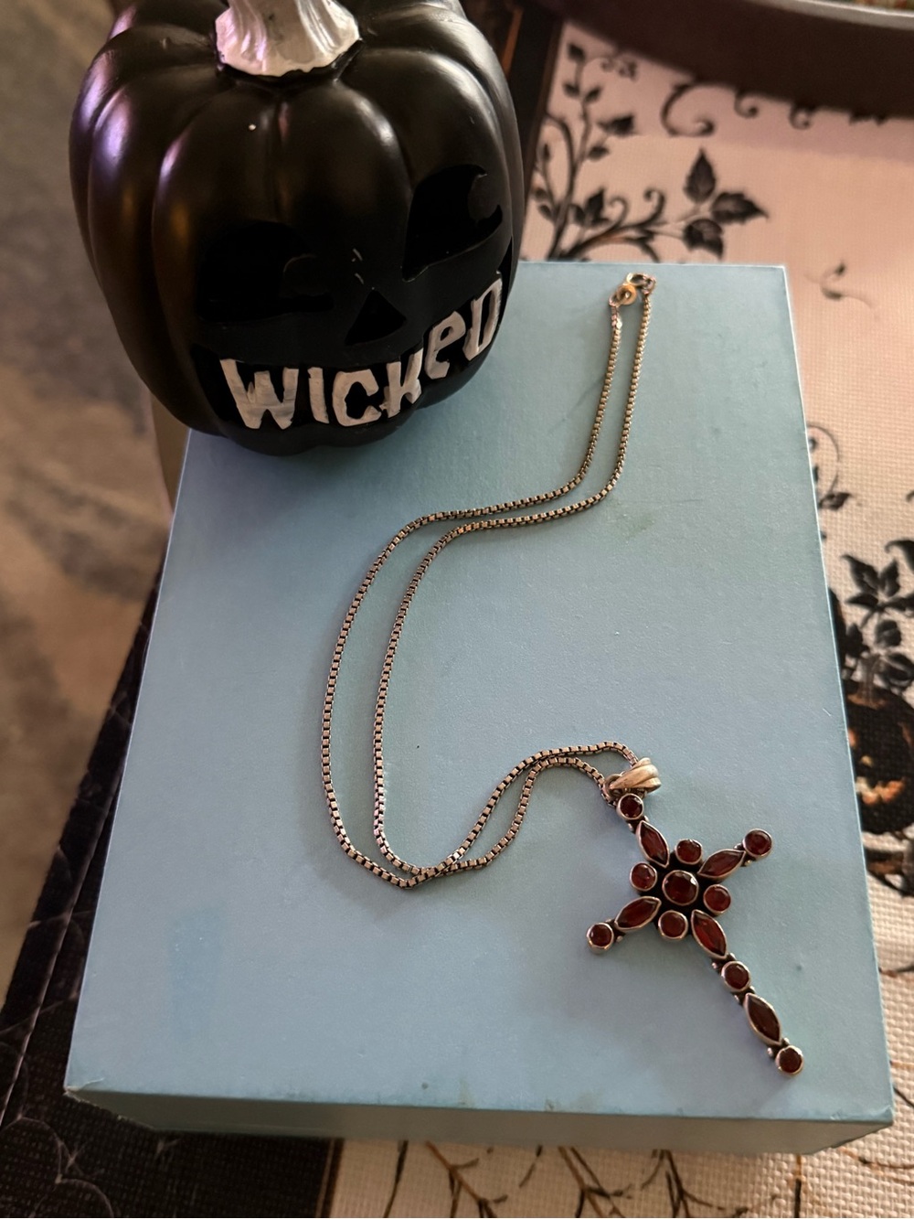 Sterling Silver Cross Necklace with Garnet-Red Stones